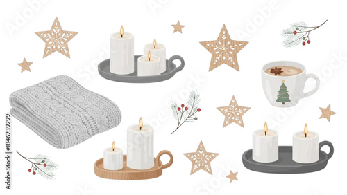 Cozy Winter Holiday Essentials with Candles, Blanket, and Festive Mug, Scandinavian Nordic
