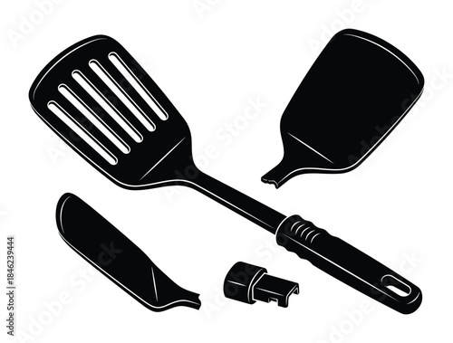 Black and white drawing of a broken spatula kitchen utensil