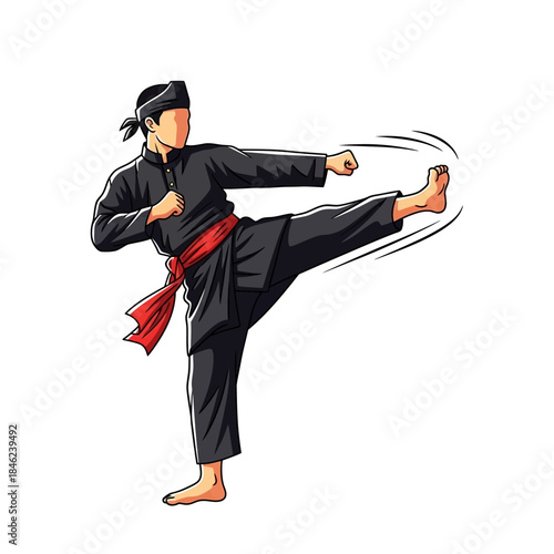 Dynamic vector illustration of a male martial artist performing a powerful high kick, showcasing traditional combat sport and self-defense movements