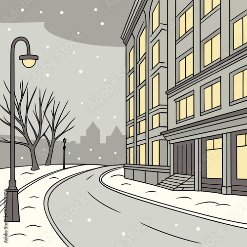 Snowy city street with building and streetlights