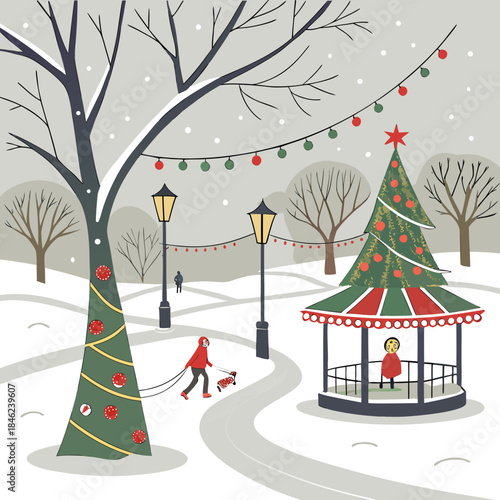 Winter park scene with christmas tree and gazebo snow 1