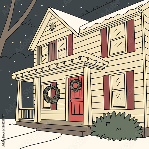 Cream house with red door and shutters snowy night