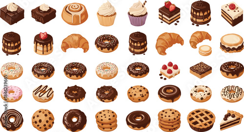 Assorted sweet bakery desserts illustration set featuring donuts cupcakes cookies cakes croissants pastries isolated on white background vector collection