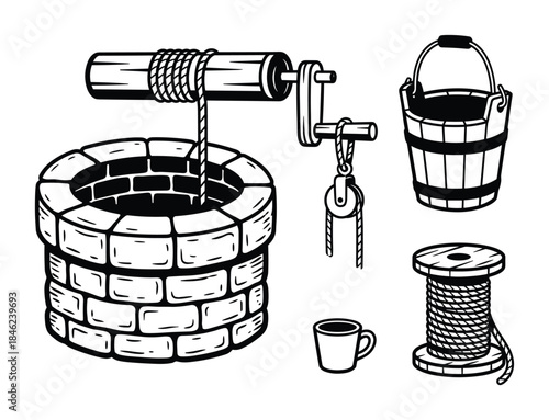 Black and White Drawing of Water Well with Bucket and Rope Spool Illustration