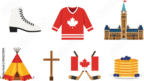 Canadian cultural symbols illustration featuring hockey gear, maple leaf jersey, Ottawa parliament, indigenous teepee, winter traditions and icons vector