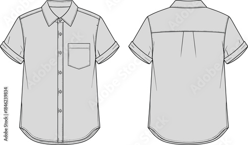Men's short sleeve button up shirt technical fashion flat front and back view clean line art apparel CAD vector
