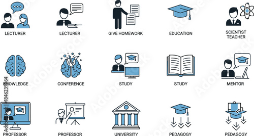 Education and teaching icons set featuring lecturers, professors, study, university, pedagogy, knowledge sharing and online learning vector illustration