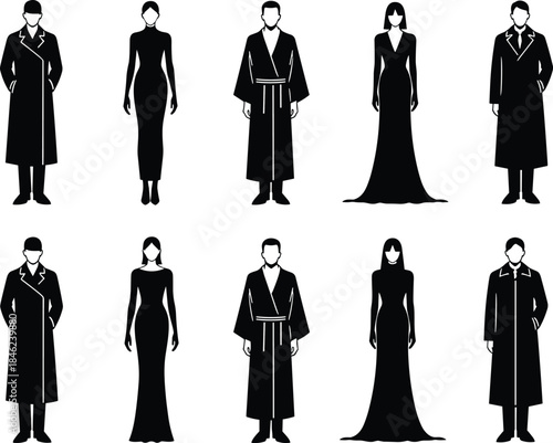 Elegant black fashion silhouette collection of men and women wearing coats dresses and robes isolated on white background illustration