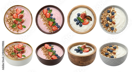 assorted delicious yogurt bowls adorned with fresh berries and granola isolated on transparent