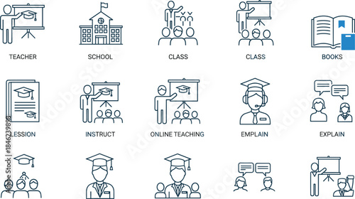 Education Line Icons Set Featuring Teacher School Class Online Teaching Lessons Books Learning Communication Academic Concepts Instruction Classroom Digital Training