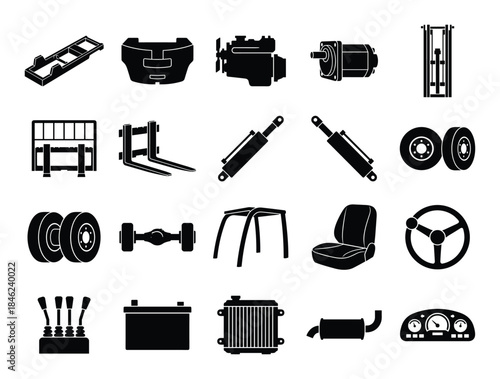 Black and White Forklift Parts Icons Set Vector Illustration Design