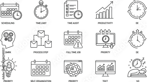 Time Management and Productivity Line Icons Set Featuring Scheduling, Priority, Workflow, Deadlines, Planning, Organization, and Performance Analytics Concepts