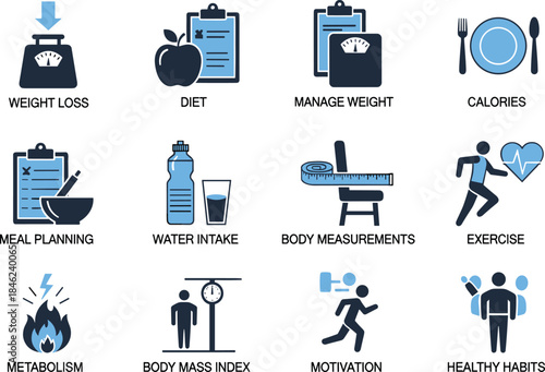 Weight Loss and Fitness Icons Set Illustrating Diet, Calories, Exercise, Metabolism, Healthy Habits, Nutrition Tracking, and Wellness Lifestyle Concepts