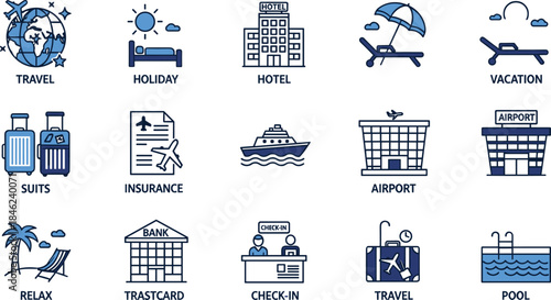 Travel and vacation line icons set featuring hotel, airport, insurance, luggage, cruise, pool, and holiday tourism symbols