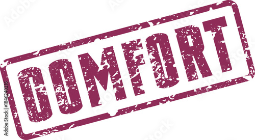 Distressed Comfort word mark simulating a vintage rubber stamp impression in warm maroon