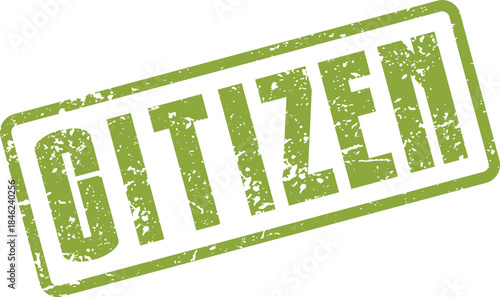 Grungy green Citizen word mark simulating a vintage rubber stamp impression for identity