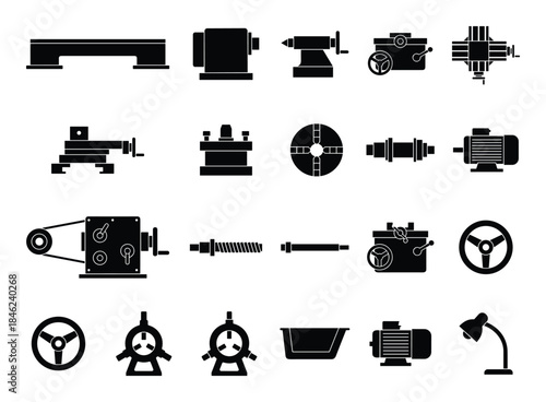 Black and White Lathe Machine Parts Icons Set on Isolated Background