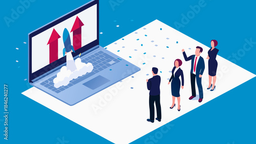 Isometric view of a laptop with rocket launch and business team celebrating success and achievement
