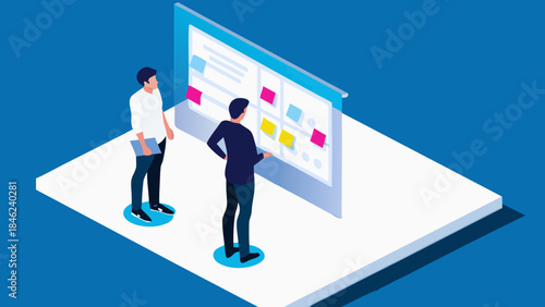 Two people standing in front of a board with sticky notes in a meeting or planning session setting