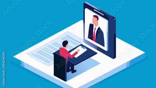 Isometric view of a person at a desk having a video call with another person on a large screen device