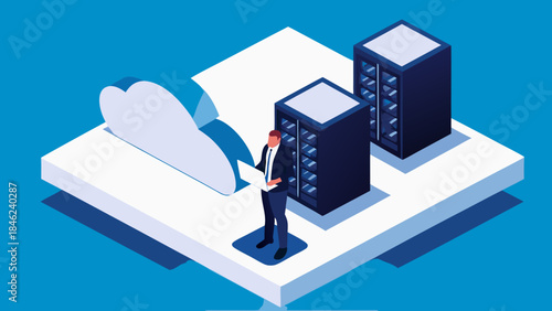 Isometric illustration of a man with laptop standing near cloud and server racks on platform design