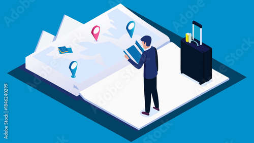 Isometric view of a traveler with luggage and map planning a trip with location markers on a map surface