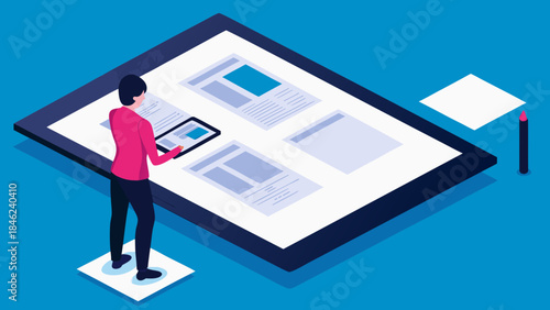 Isometric view of a person interacting with layouts on a large tablet with a pen and paper nearby