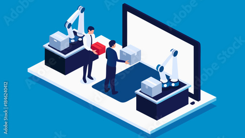 Isometric view of automated warehouse with robotic arms and workers handling boxes near a large screen display