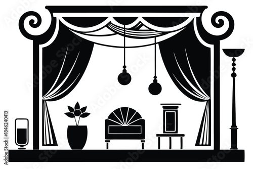 curtains hanging on cornice home decor elements line art silhouette vector illustration