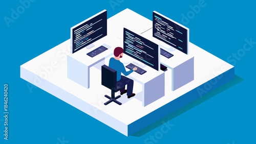 Isometric view of a programmer coding at a desk with multiple monitors in a blue and white room
