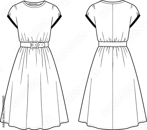 Women's belted midi dress technical fashion flat, front and back view, clean line art, apparel CAD vector illustration design template