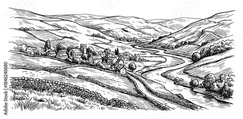 Black and White Sketch of Village in Valley with Winding River and Rolling Hills