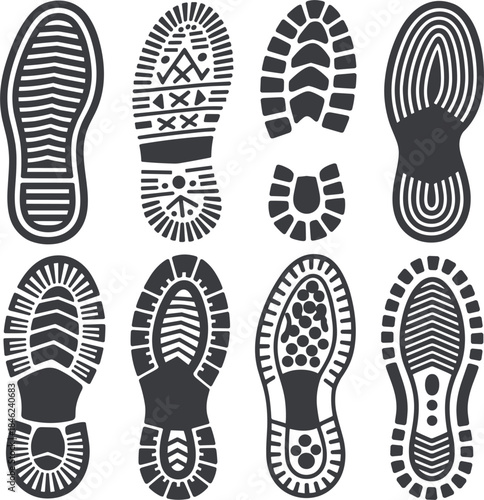Set Of Eight Different Shoe Sole Footprint Silhouettes tread