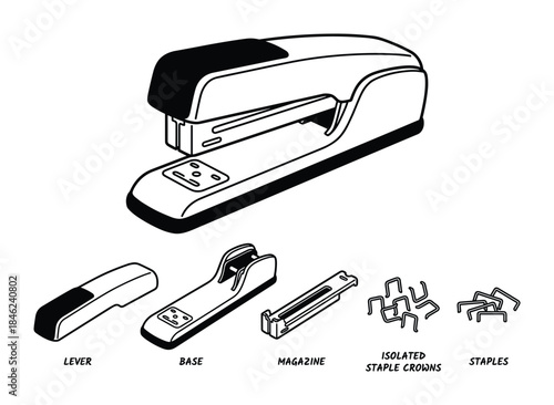 Black and White Stapler Parts Illustration: Lever, Base, Magazine, Staple Crowns, and Fasteners