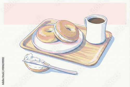 Retro lithograph style illustration of a breakfast tray with cream cheese bagels and hot coffee.