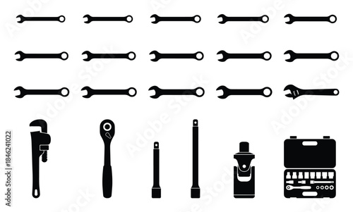Black and White Tool Set Illustration with Wrenches and Toolbox