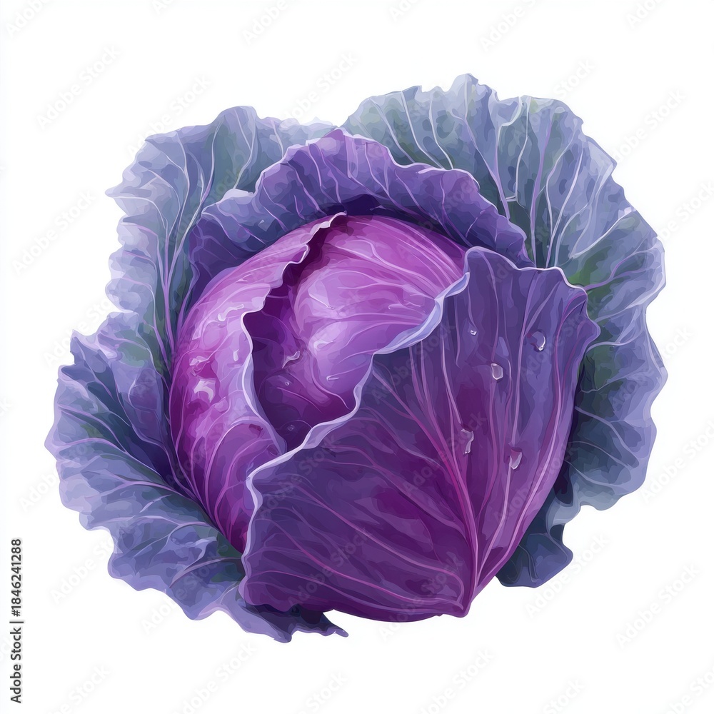 Obraz premium Vibrant Purple Red Cabbage Close Up With Water Droplets On Green Leaves Isolated On White Background