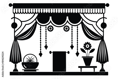 curtains hanging on cornice home decor elements line art silhouette vector illustration