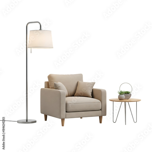 A cozy reading nook arrangement with a beige armchair and modern floor lamp