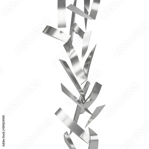 Abstract 3d rendering of shimmering silver fragments suspended in motion on a black backdrop