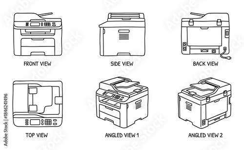 Black and White Line Art: Multi-View of Office Printer Machine