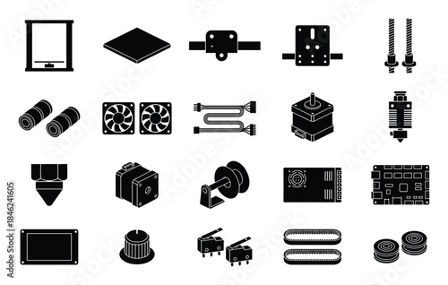 Black and White 3D Printer Components Set Vector Illustration