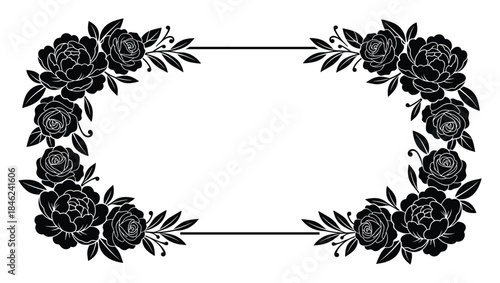 Black Floral Frame Rectangular, Flower Arrangement, Empty Space, Isolated on White Background