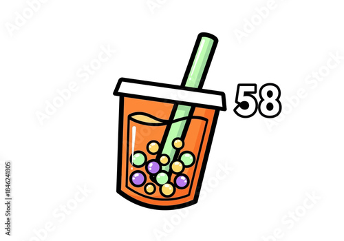 Cartoon Boba Tea Illustration with Colorful Pearls and a Straw.