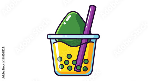 Cartoon Avocado Bubble Tea with Tapioca Pearls and Straw.