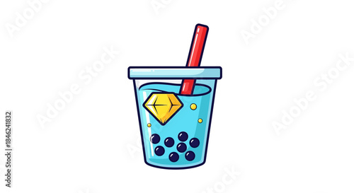 Cartoon Boba Tea Illustration with Diamond and Straw.