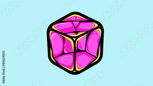 Abstract Pink Cube with Black and Yellow Outlines.