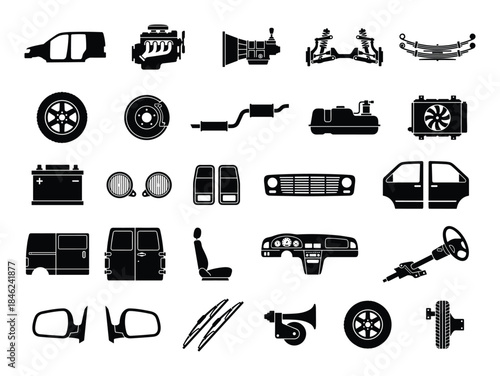 Black Silhouette of Car Parts and Components Isolated on White Background Illustration