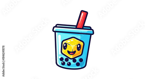 Cartoon Boba Tea with Cute Cube Character and Straw.