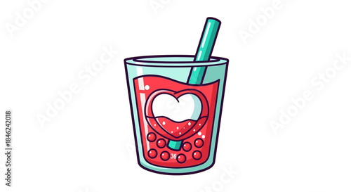 Cartoon Boba Tea with Heart Design and Green Straw.